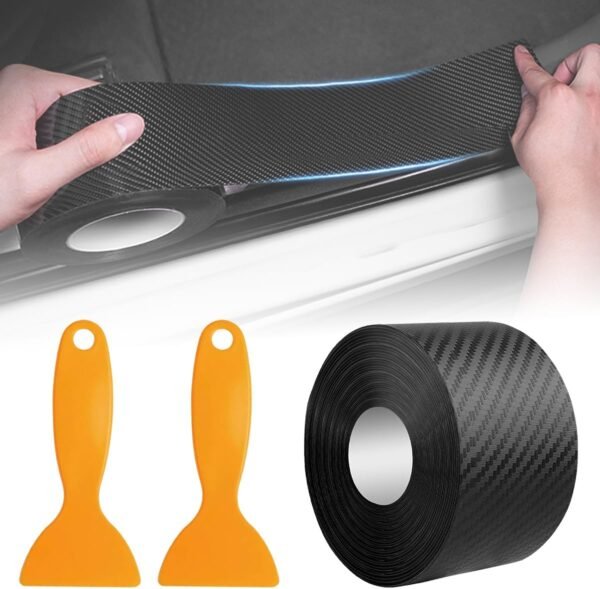 Protector de Parachoques 5cm x 10m Vinilo Adhesivo Coche Fibra de Carbono, Coche Pegatinas Umbral, Carbono Fibra Protector Puerta Umbral, Cinta de laminación impermeable negra autoadhesiva para coche