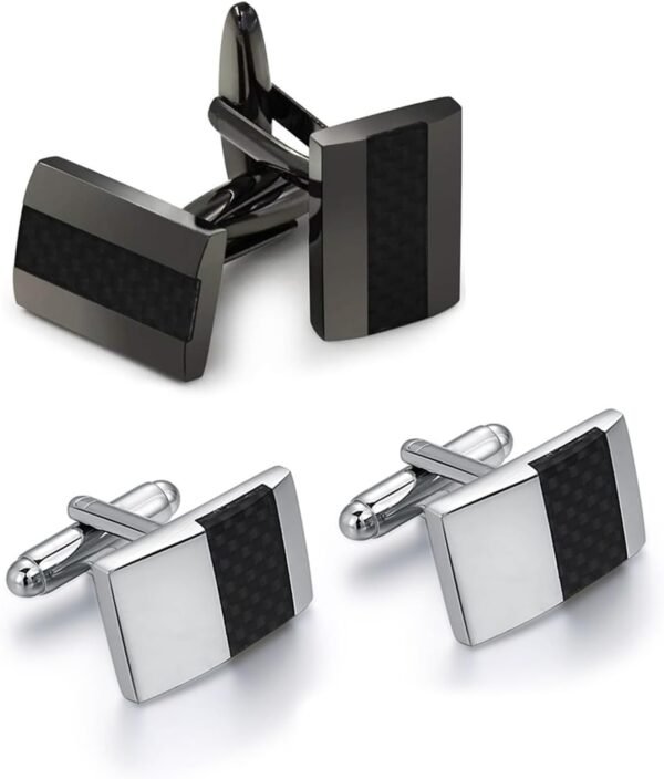 4 Piezas Gemelos de Fibra de Carbono, Gemelos Camisa Rayas, Gemelos de Fibra de Carbono Hechos a Mano, Gemelos Personalizados, para Regalo de Boda de Negocios para Hombres