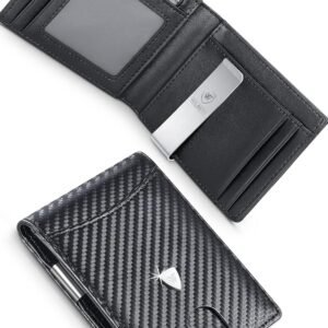 wilbest® Cartera para Hombre, Cartera de Cuero, Carteras con RFID, Clip para Billetes, Bolsillo para Monedas, Porta Tarjetas de Crédito etc, Cartera Fibra de Carbono con Caja de Regalo, Negro
