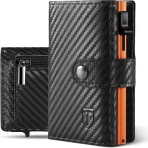 Tomylv Carteras para Hombre Bloqueo RFID, Fibra de Carbono Tarjetero Hombre con Compartimentos para Billetes, Ventana ID, Bolsillo para Monedas con Cremallera, Caja de Regalo - Negro Naranja