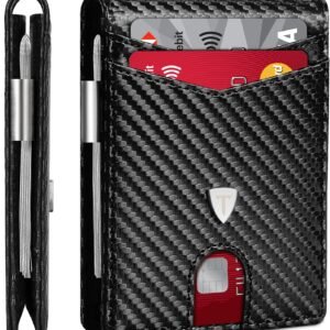 TEEHON Cartera para Hombre Slim Fibra de Carbono con Bloqueo RFID, Tarjetero Hombre Ranuras para Tarjetas de Crédito, Clip para Billetes, Cartera Hombre Bi-Fold - Negro. (Negro)