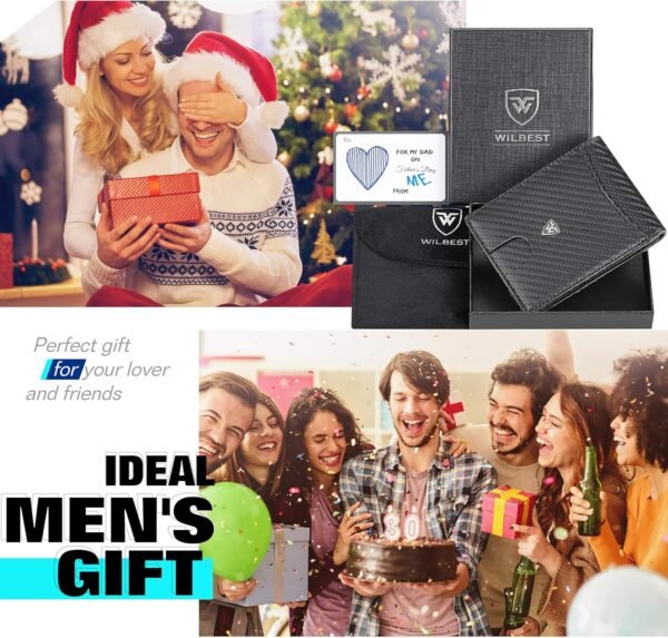 wilbest® Cartera para Hombre, Cartera de Cuero, Carteras con RFID, Clip para Billetes, Bolsillo para Monedas, Porta Tarjetas de Crédito etc, Cartera Fibra de Carbono con Caja de Regalo, Negro - Image 2