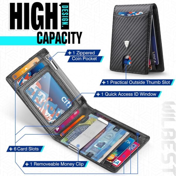 wilbest® Cartera para Hombre, Cartera de Cuero, Carteras con RFID, Clip para Billetes, Bolsillo para Monedas, Porta Tarjetas de Crédito etc, Cartera Fibra de Carbono con Caja de Regalo, Negro - Image 6