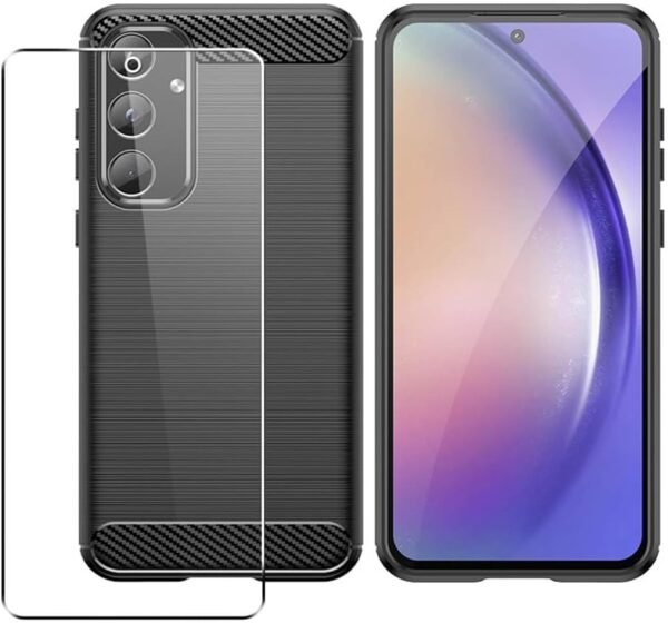 SDTEK Funda para Samsung Galaxy A55, Carcasa Fibra Carbono Completo 360 + Protector de Pantalla Cristal Vidrio Templado