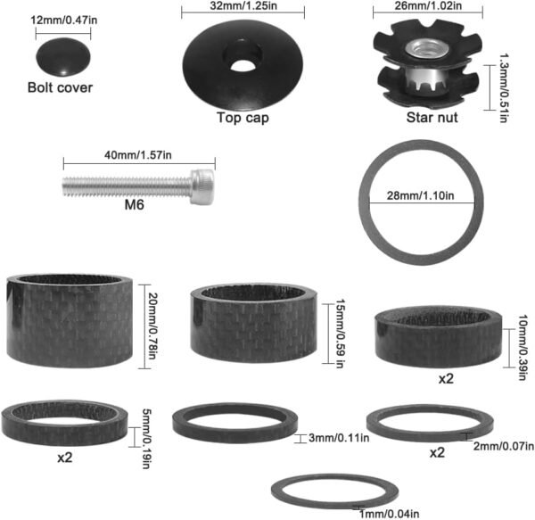 DaKuan 11 Piezas de Fibra de Carbono para Bicicleta, 7 tamaños (20, 15, 10, 5, 3, 2, 1 mm), Tapa Superior de aleación de Aluminio, Tapa de vástago de Tuerca de Estrella para Tallos y Horquillas - Image 7