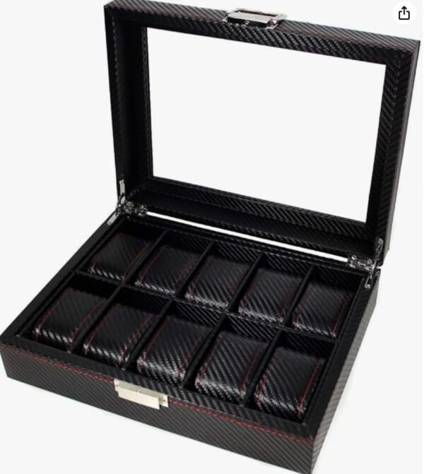 e bendio Caja para Guardar Relojes de Fibra de Carbono. Organizador de Relojes con 10 Compartimentos de Almacenamiento. Joyero relojero en Elegante Acabado de Fibra de Carbono. Estuche para Relojes.