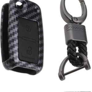 YINETTECH 2 Botones ABS Fibra de Carbono Shell Silicona Car Key Cases Cover Shell Smart Key Fob con Llavero Compatible con VW Compatible con Golf 4 5 6 (Negro)