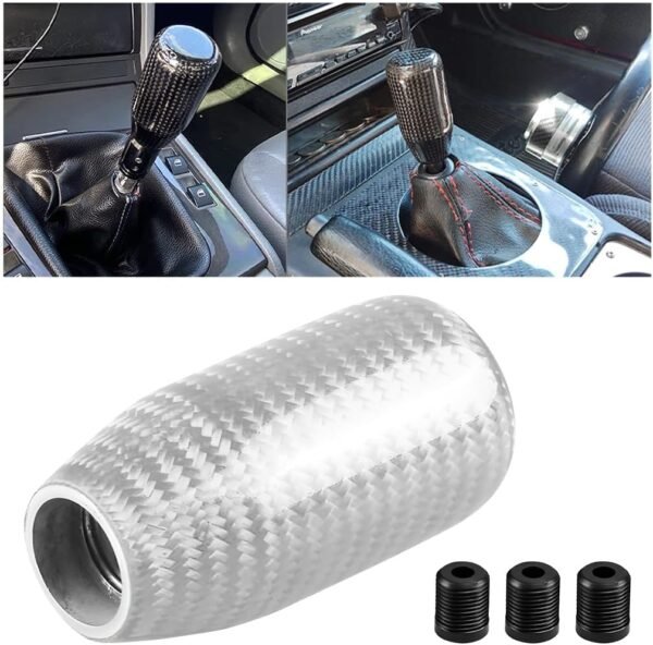 JNNJ Pomo de Cambio de Fibra de Carbono, Cabezal de Palanca de La Onda de La Perilla de Cambio de Modificada, Palanca de Cambio de Coche con 3 Adaptadores Universal para Auto Camion(Plata)