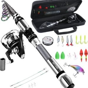 BNTTEAM Juego de caña de Pescar portátil y Carrete Combinado de Fibra de Carbono, Punta de caña Fluorescente señuelos de Pesca,Kits de Bolsa de Transporte de línea para Viajes Agua Salada Agua Dulce