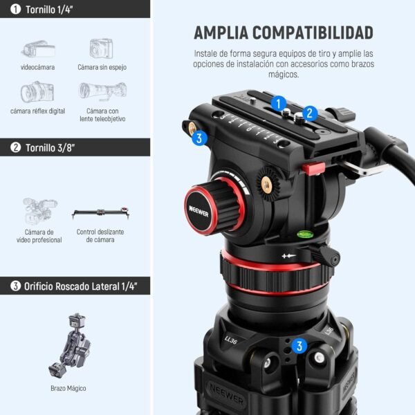 NEEWER LL36 78" Trípode de Vídeo con Cabezal Fluido, Trípode DSLR Fibra Carbono Bloqueo Rápido, Trípode de Cámara Profesional con Amortiguación Ajustable, Placa QR Compatible con dji RS - Image 8