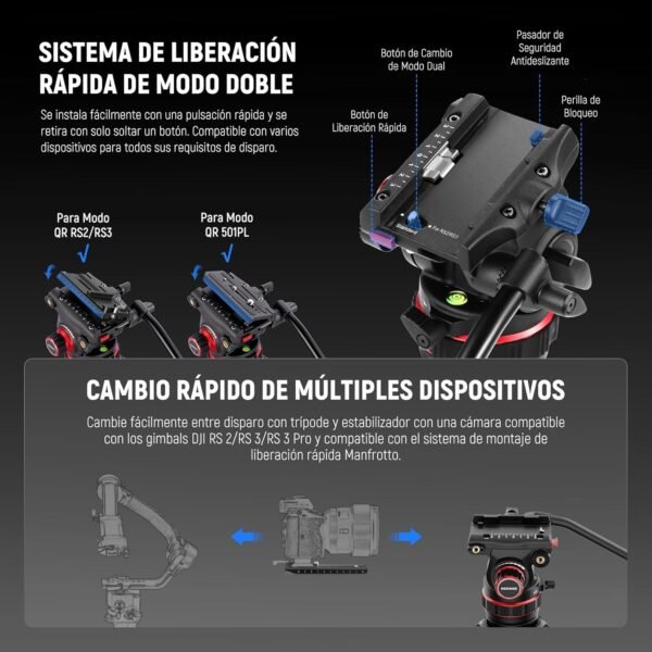 NEEWER LL36 78" Trípode de Vídeo con Cabezal Fluido, Trípode DSLR Fibra Carbono Bloqueo Rápido, Trípode de Cámara Profesional con Amortiguación Ajustable, Placa QR Compatible con dji RS - Image 3