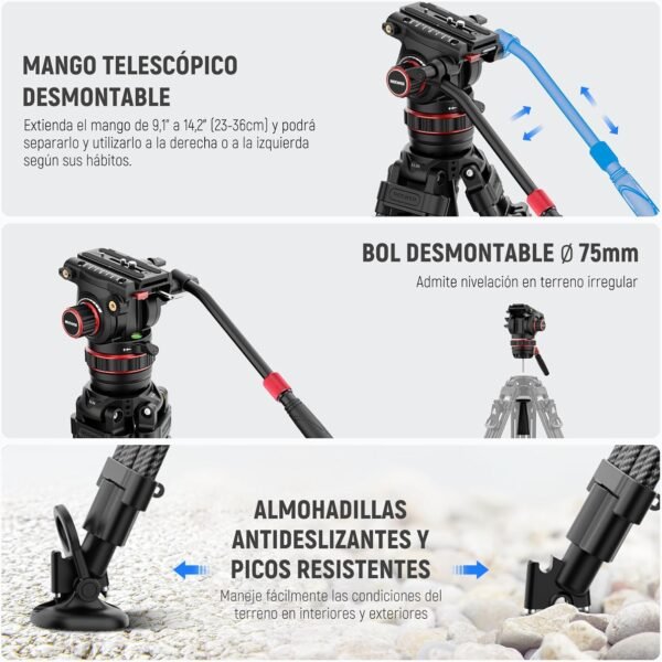 NEEWER LL36 78" Trípode de Vídeo con Cabezal Fluido, Trípode DSLR Fibra Carbono Bloqueo Rápido, Trípode de Cámara Profesional con Amortiguación Ajustable, Placa QR Compatible con dji RS - Image 7