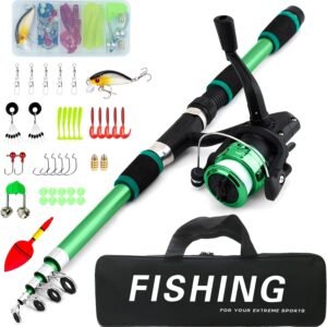 Juego de pesca para niños, 1,8 m, caña de pescar para niños, con carrete y juego de cebo, caña de pescar telescópica de fibra de carbono y carrete, accesorios para niños de 3 a 10 años
