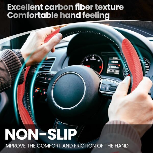 GSPSCN Funda Volante Coche，36-39 cm Universal Fibra Carbono para Cubierta Volante Coche, Antideslizante, Protector de Volante Antideslizante, Accesorios Interiores del Coche (Rojo) - Image 2