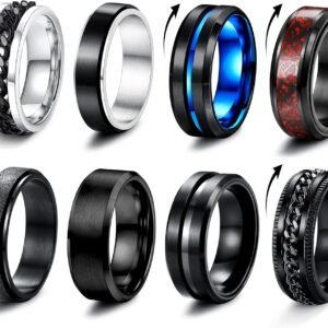 MILACOLATO 8 Piezas Anillos Hombre Acero Inoxidable Vintage Cadena Anillos Giratorios Anillos para Hombres Mujeres Anillos Hombre Negro Anillo Giratorio Hombre Anillos de Acero Mujer