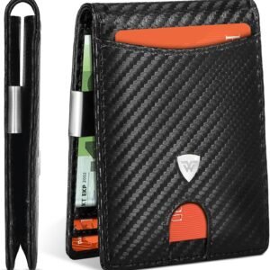 WONSEFOO Cartera para Hombre Slim de Fibra de Carbono con Bloqueo RFID, con Ranuras para Tarjetas de Crédito, Clip para Billetes, Cartera Minimalista Bi-Fold con Caja de Regalo - Negro.